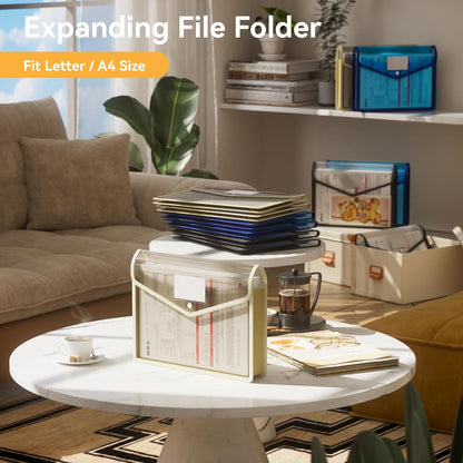 ABC life 6 Pack Plastic Expanding File Folder, Transparent envelopes with Snap Closure, No Dividers, Large Capacity, Assorted Colors, Fit Letter/A4 Size (Black+Blue+Tea Grey)