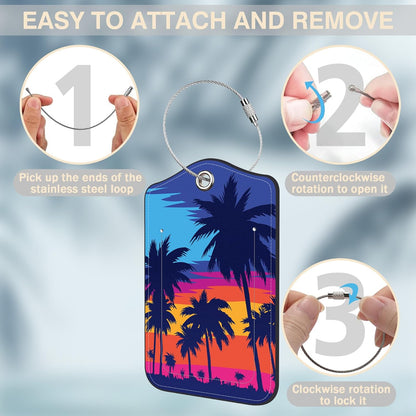 Set of 2 Luggage Tags for Suitcases Coconut Trees at Sunset Leather Suitcase Tags Identifiers with Privacy Name Address Label and Stainless Steel Loop for Women Men Travel Luggage Accessories
