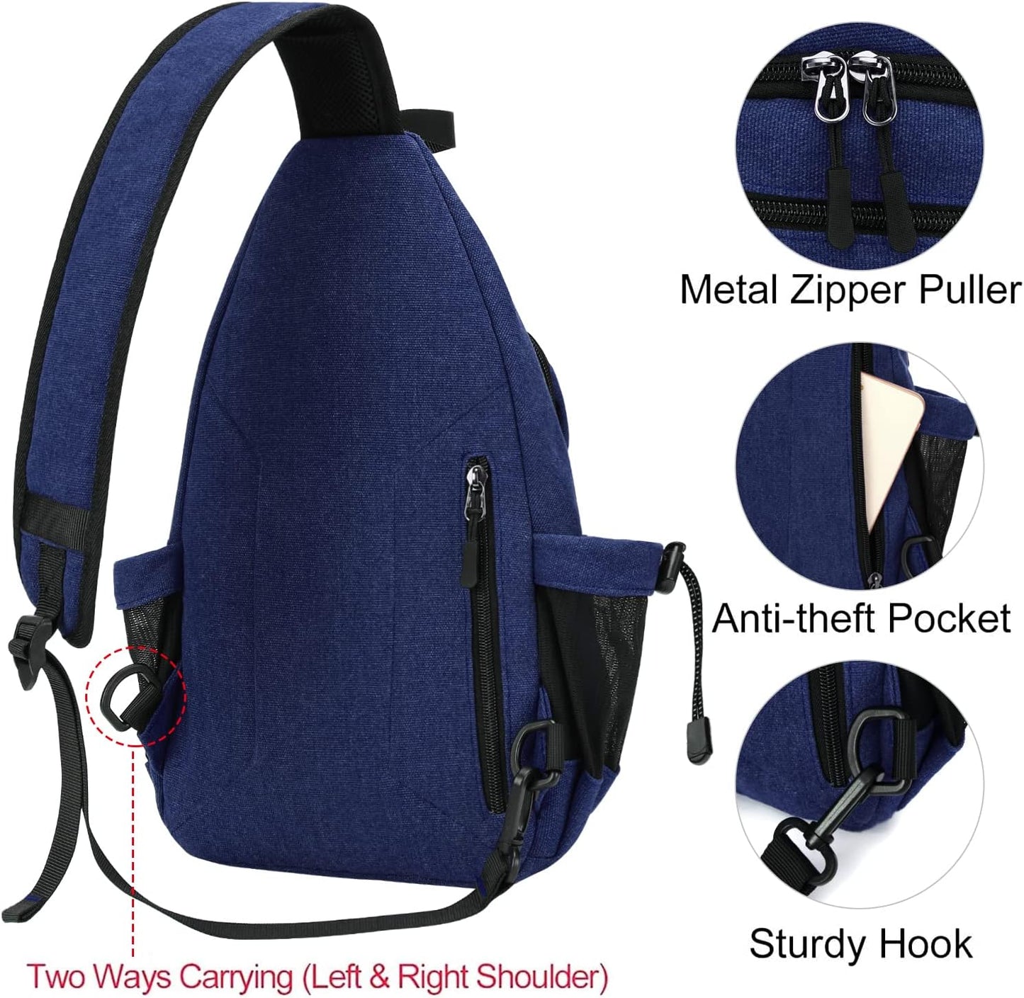 MOSISO Sling Backpack,Canvas Crossbody Hiking Daypack Bag with Anti-theft Pocket, Navy Blue