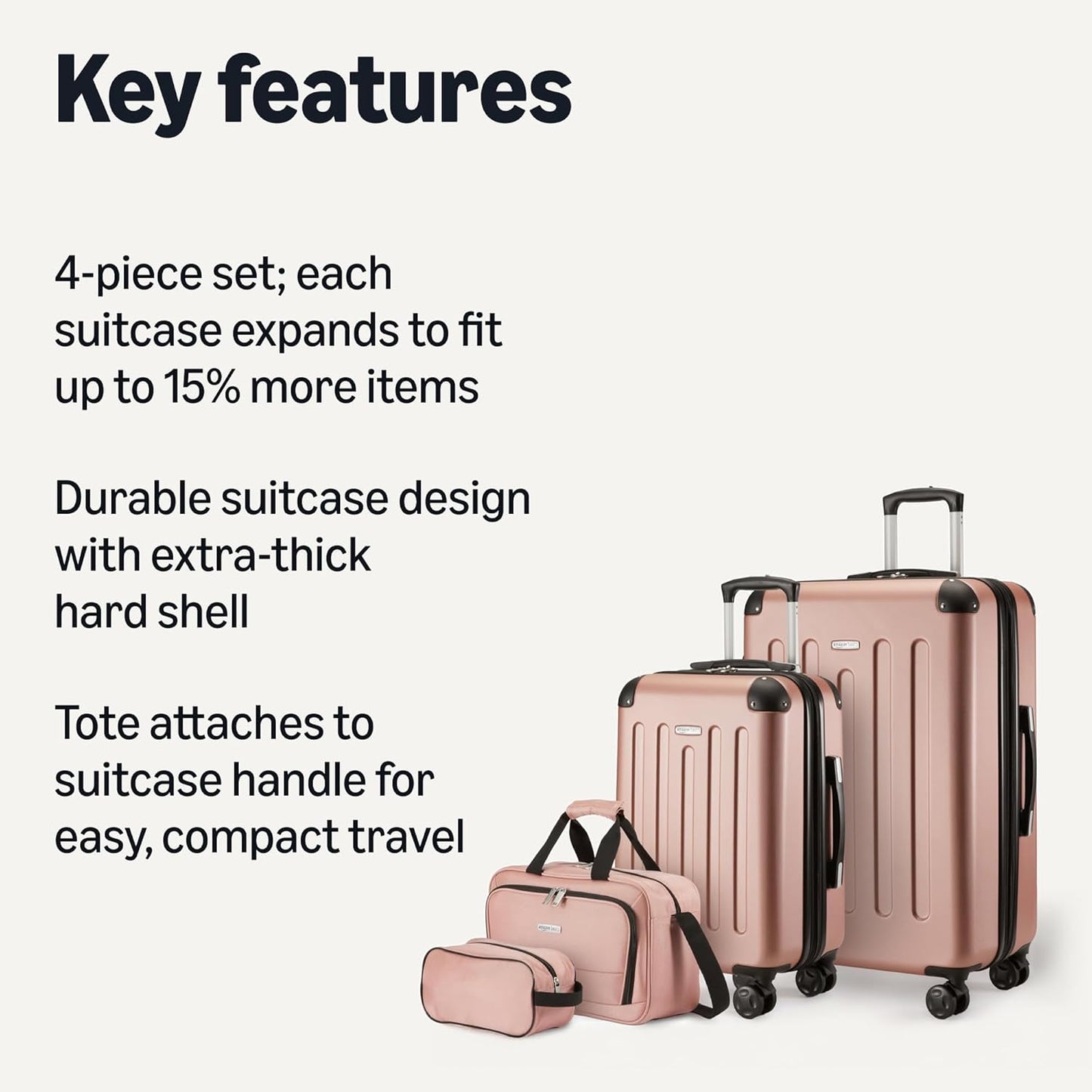 Amazon Basics 4-Piece Luggage Set, Including Two Hardside Suitcases With Multi-directional Spinner Wheels (22" Carry-On and 28" Checked), 15" Tote Bag and 10" Compact Travel Bag, Rose Gold
