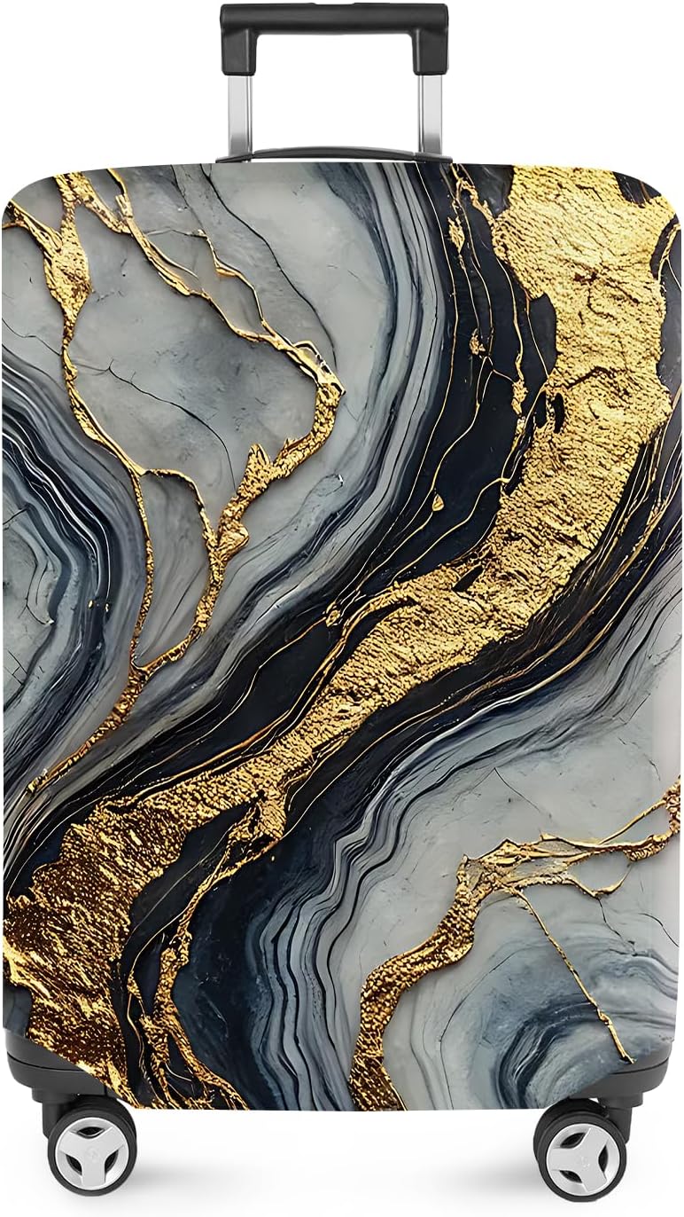 ANNA QUEEN Luxury Marble Gold Luggage Cover, Elegant Black & Grey Suitcase Protector with Faux Gold Vein Design, Stretchable, Washable Spandex Cover for 32-34 Inch Luggage