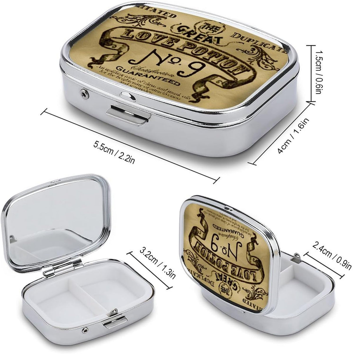 Metal 2 Compartment Pill Organizer Travel Friendly Portable Compact Pill Box Cute Pill Case to Hold Vitamins,Fish Oil,Supplements,Meds,Tablet for Purse,Pocket. (No)