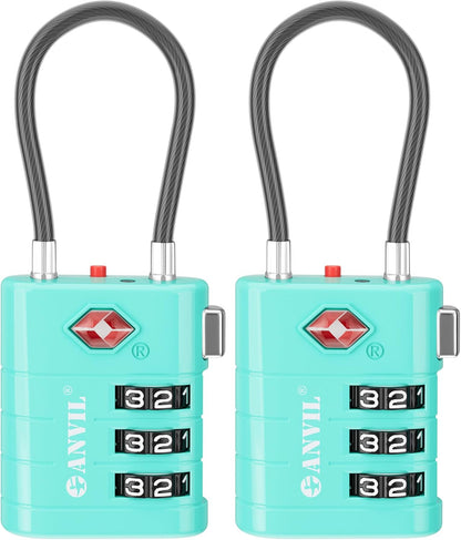 ANVIL TSA Approved Luggage Locks – High Security TSA008 Combination Travel Locks with Inspection Indicator for Suitcases and Backpacks. (2, Cyan)