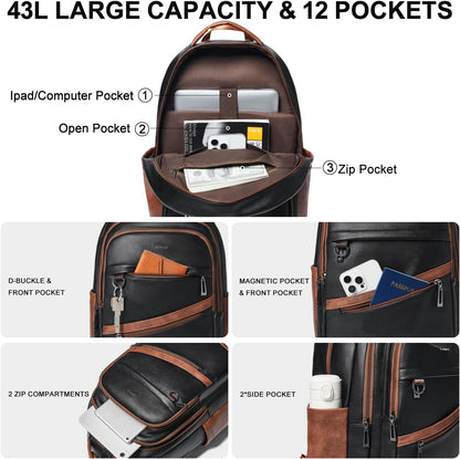 43L Backpack for Women Men - Vegan Leather Backpack Purse Travel Carry-on Bag College Bookbag Work fits 17" Laptop,Black&Brown