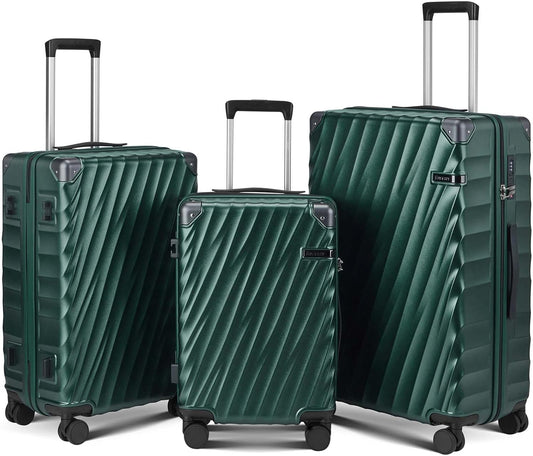 Luggage sets 3 piece with Spinner Wheels, PC Hard Shell Travel Luggage, Carry On suitcase with TSA Lock,YKK Zippers,Charcoal Metallic (Dark Green, 3 Piece Sets(20/24/28))