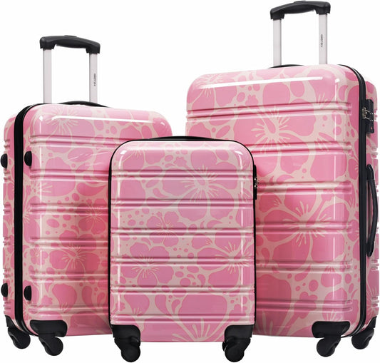 Merax Luggage Sets 3 Piece, Hardside Suitcase Set with Spinner Wheels, Lightweight Printing Luggage Carry on,20+24+28 IN,Pink