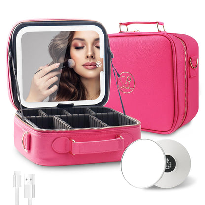 MOMIRA Travel Makeup Bag Cosmetic Bag with Lighted Mirror, Adjustable Brightness in 3 Color Scenarios/Detachable makeup mirror, All-round Upgrade, Waterproof, Gift for Women -Rose Red