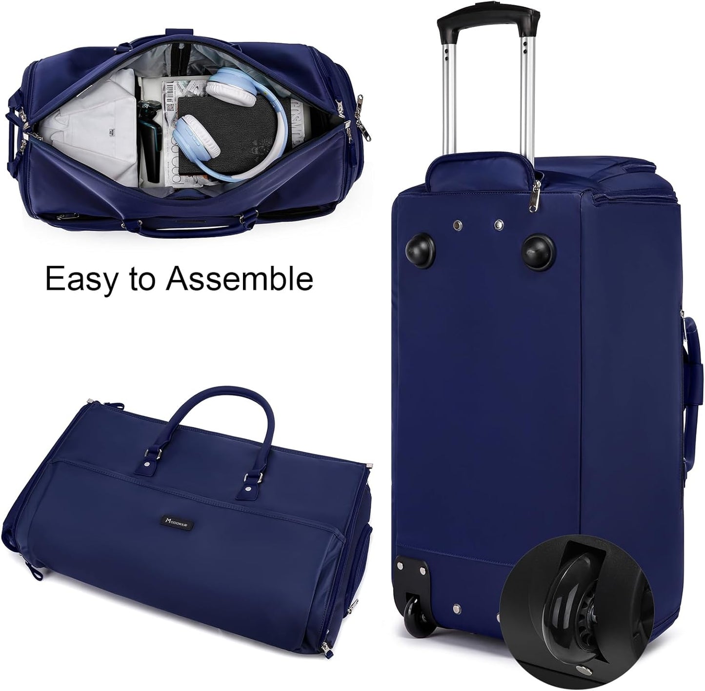 Modoker Rolling Garment Bags, Large Garment Duffle Bag with Wheels, 3 in 1 Garment Suit Luggage Bag for Women Men Business Travel Weekender, Blue
