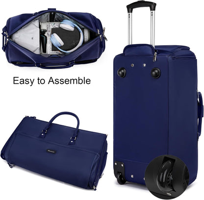 Modoker Rolling Garment Bags, Large Garment Duffle Bag with Wheels, 3 in 1 Garment Suit Luggage Bag for Women Men Business Travel Weekender, Blue