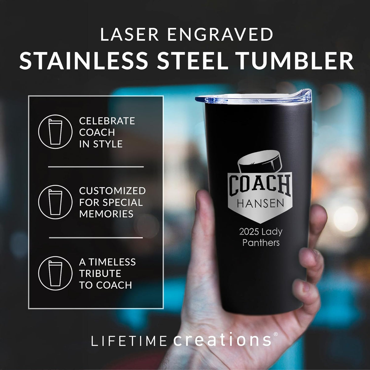 Lifetime Creations Personalized Hockey Coach Tumbler: Custom Hockey Coach Gift, Coaches Coffee Travel Mug from Team, Insulated Engraved Stainless Steel 20 Ounce Cup (Matte Black)