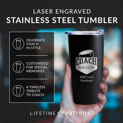Lifetime Creations Personalized Hockey Coach Tumbler: Custom Hockey Coach Gift, Coaches Coffee Travel Mug from Team, Insulated Engraved Stainless Steel 20 Ounce Cup (Matte Black)