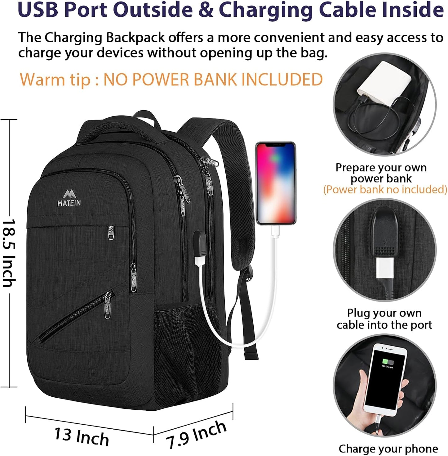 MATEIN School Laptop Backpack, Large TSA Friendly College Computer Bookbag with Laptop Compartment Fits 17 Inch Notebook, Water Resistant Work Travel Backpack, Graduation Gifts for Men Women