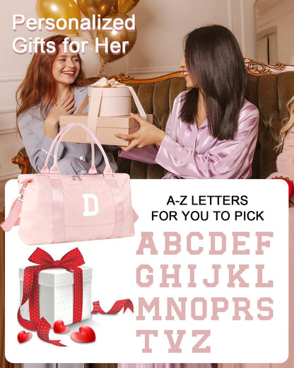 Initial Travel Duffel Bag Sports Gym Bag for Girls Teen Birthday Gifts,Pink Personalized Weekender Bag Carry On Tote Bags for Women Men,Waterproof Overnight Luggage Bag with Trolley Sleeve(Letter D)