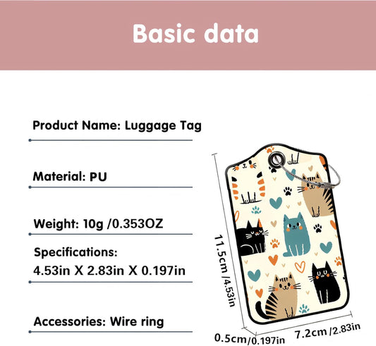 Luggage Tags for Suitcases, 2-Pack PU Leather for Cruise & Travel, Baggage ID Tags with Privacy Cover & Address Card, Durable Metal Ring, Kids Adults Travel Accessories, Kitty Love Pattern