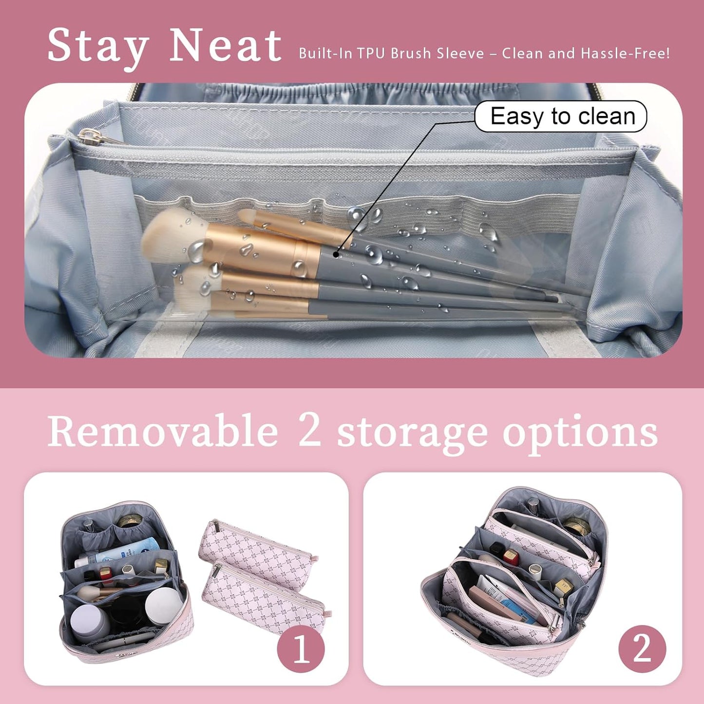 BOYATU Travel Makeup Bag Cosmetic Bags for Women: 3 Pcs Set Portable Make up Bag with Handle - Vegan Leather Toiletry Bags with Compartments - Makeup Organizer for Travel Essentials(01-Pink)