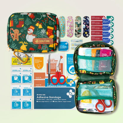 EVERLIT Mini Rescue Pack | 105 Medical Essentials Organized in Portable Storage Bag | Pocket Size Kids First Aid Kit with D Ring | Small Family-Friendly Travel Medical Kit (Christmas)