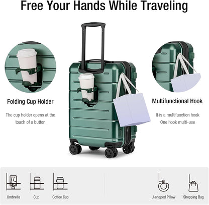 KYME Green Carry On Luggage 22x14x9 Airline Approved Expandable 20 Inch Hardshell Carry On Suitcase with Wheels TSA Lock Small Travel Rolling Luggage with Cup Holder for Men Women