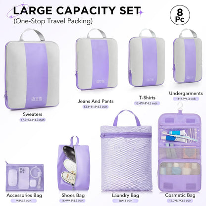 8 Set Compression Packing Cubes for Travel Essentials,Compressible Expandable Packing Cubes for Suitcase,OlarHike Luggage Organizer Bags for Travel,Handy Helper for Organizing Clothes(Light Purple)