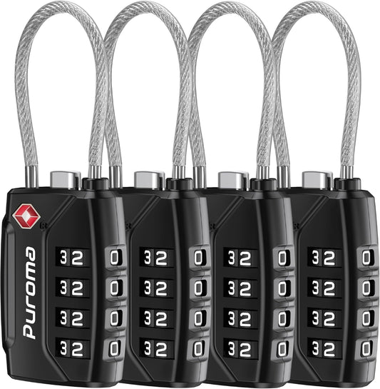 Puroma 4 Pack TSA Approved Luggage Locks, 4 Digit Combination Travel Locks Resettable Code Lock with Zinc Alloy Body for Suitcase, Toolbox, Backpack, Bag, Gym Locker (Black)
