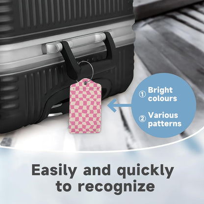 2 Pack Luggage Tag for Suitcase, Groovy Pink Checkerboard Leather Bag Tags Identifiers Privacy Cover ID Label with Durable Steel Loop for Women Men Kids Girls Travel