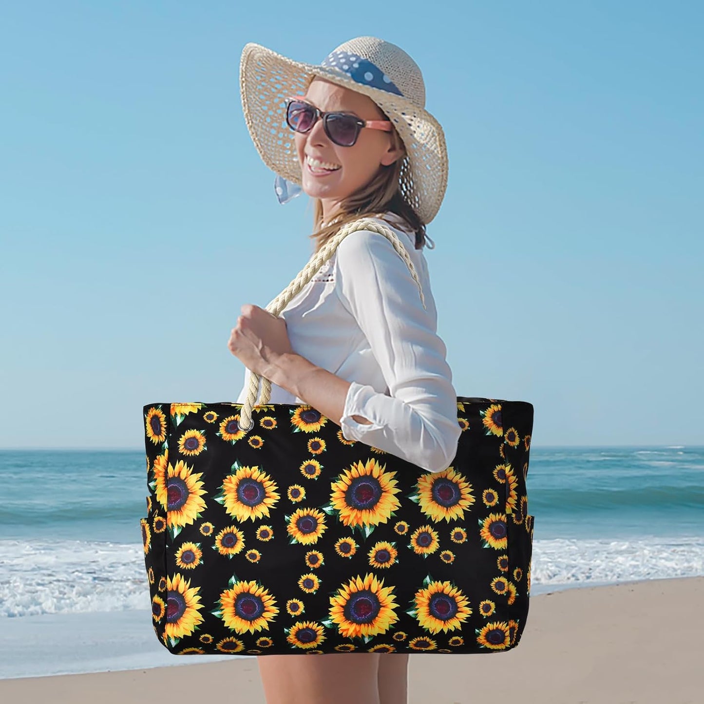 Becokan Beach Bag Large Beach Tote Bag for Women Waterproof Sandproof Swim Pool Bag With Zipper