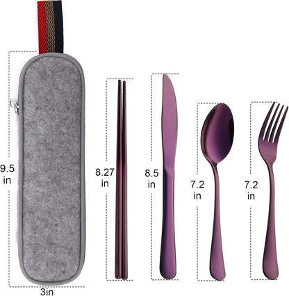 DEVICO Camping Utensils, Portable Travel Utensils with Case, Stainless Steel Reusable Silverware for Lunch Adult, 5Pcs Cutlery Set Includes Knife Spoon Fork Chopsticks and Case (Purple)