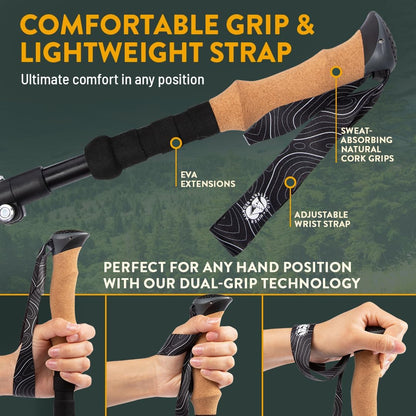 Premium Foldable Hiking Poles by USA Brand - Adjustable, Lightweight Trekking Poles Made of Aircraft Aluminum, Metal Flip Locks & Comfortable Real Cork and EVA Foam Grips