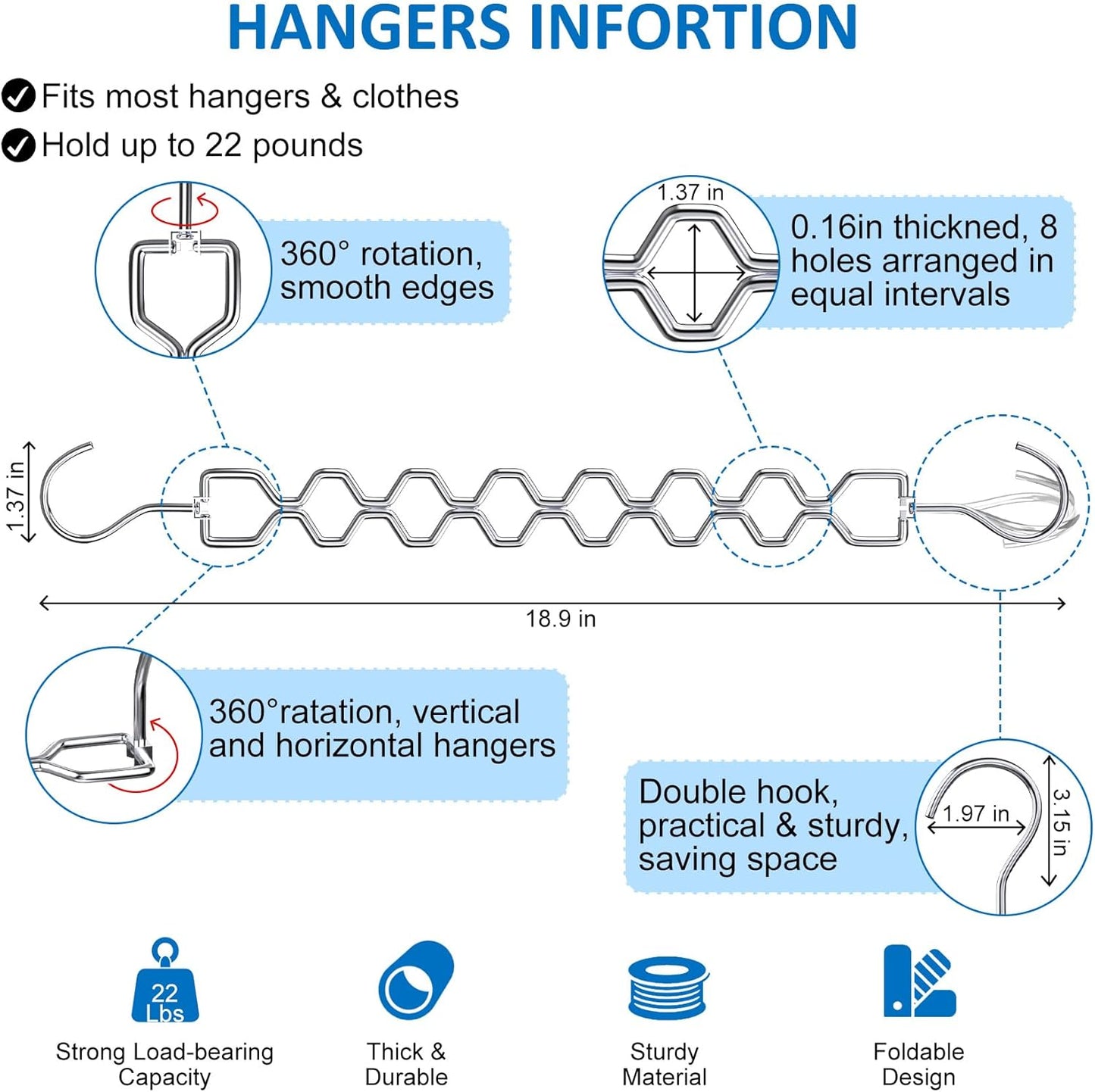 6 Pack Space Saving Hangers for Clothes, Heavy Duty 30Lbs Capacity Magic Clothes Space Saver Sturdy Metal Hanger Organizer with 360° Swivel Hook, Closet Organizers Storage Dorm Essentials Silver