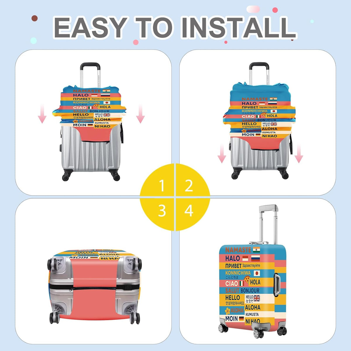 ANNA QUEEN Funny Multilingual Greetings Luggage Cover, Suitcase Protector with Hello in 15+ Languages, Stretchable, Washable Travel Cover for 28-30 Inch Luggage