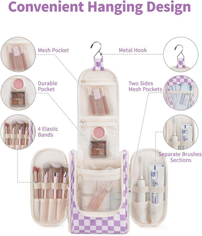 Narwey Small Checkered Hanging Travel Toiletry Bag for Women, Travel Bag for Toiletries, Makeup Bag Organizer Cosmetic Bags Make Up Bags for Women (Purple Checkerboard)