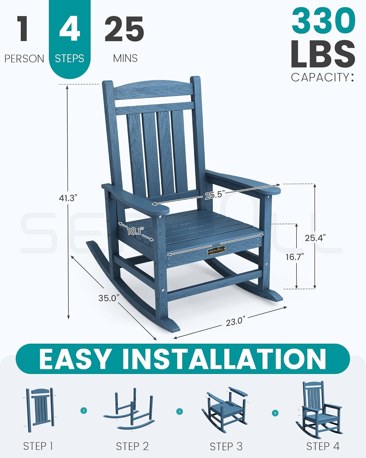 SERWALL Outdoor Rocking Chair Set of 2, HDPE Patio Rocking Chair All-Weather Porch Rocker for Balcony, Yard, Blue
