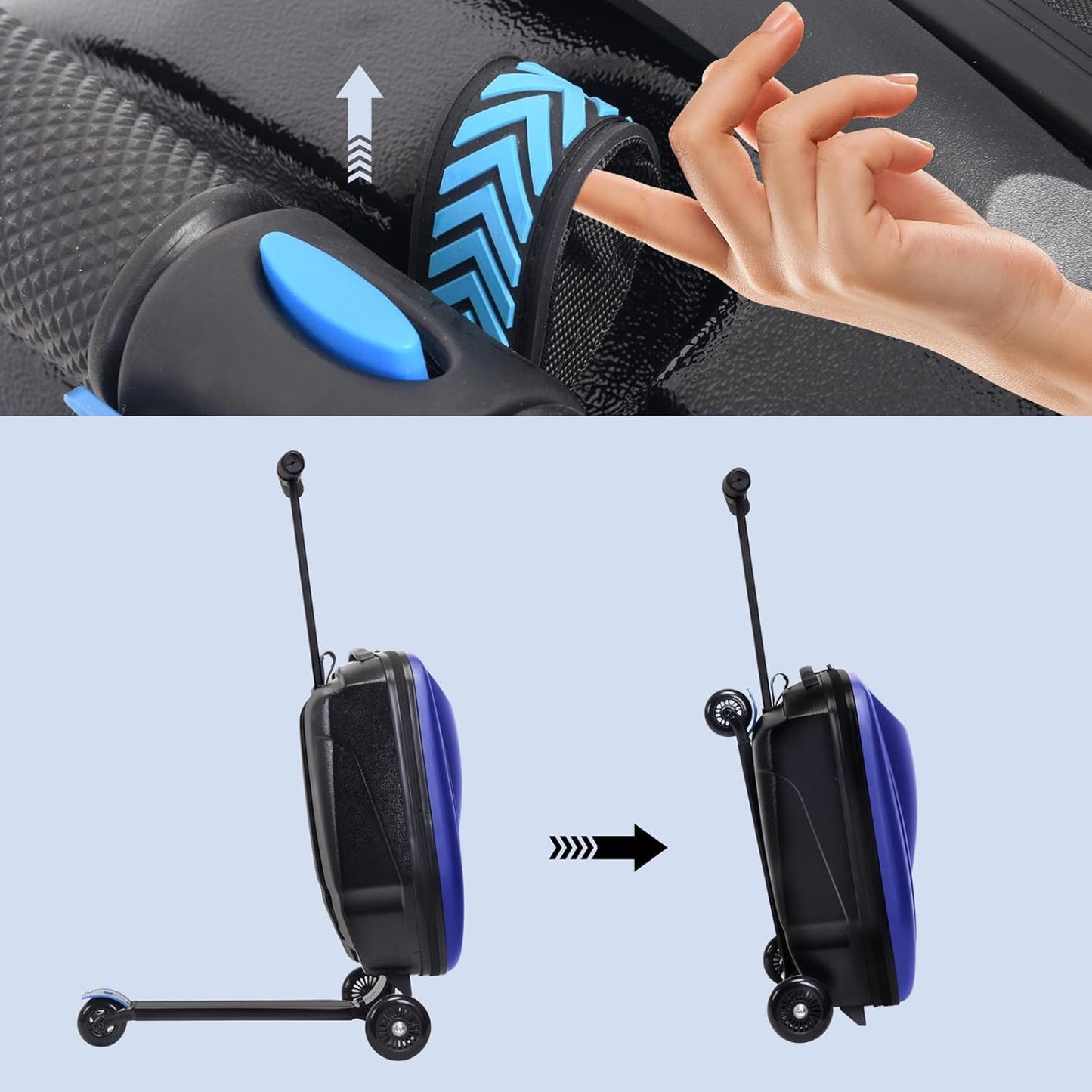 20" Scooter Suitcase for Kids, 2-in-1 Ride On Luggage with Wheels for Boys & Girls Ages 4-15, Foldable Hardshell Carry On Lightweight Travel Suitcase for Airplane (With LED, Dark Blue)