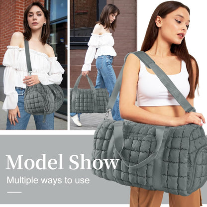 Quilted Travel Duffle Bag Gym Bag for Women,Large Puffer Duffle Weekender Bag with Compartment,Workout Overnight Carry on Organizer Bag Duffle Bag for Airplane Travel(L-Grey)