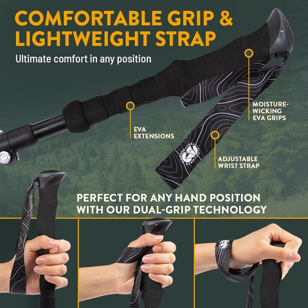 Premium Foldable Hiking Poles by USA Brand - Adjustable, Lightweight Trekking Poles Made of Aircraft Aluminum, Metal Flip Locks & Comfortable Real Cork and EVA Foam Grips