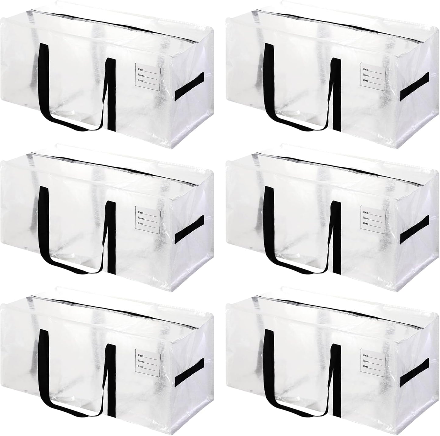 6 Pack Heavy Duty Extra Large Moving Bags with Black Handles, Waterproof Foldable Storage Totes, Clothing Storage Bags, Packing Moving Boxes for College Supplies & Seasonal Storage, Clear