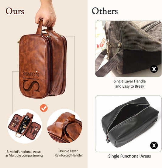 Personalized Leather Toiletry Bag for Men - Double Layer Reinforced Handle,Large Water Resistant Shaving Dopp Kit,Travel Essential,Wedding Groomsmen Gift