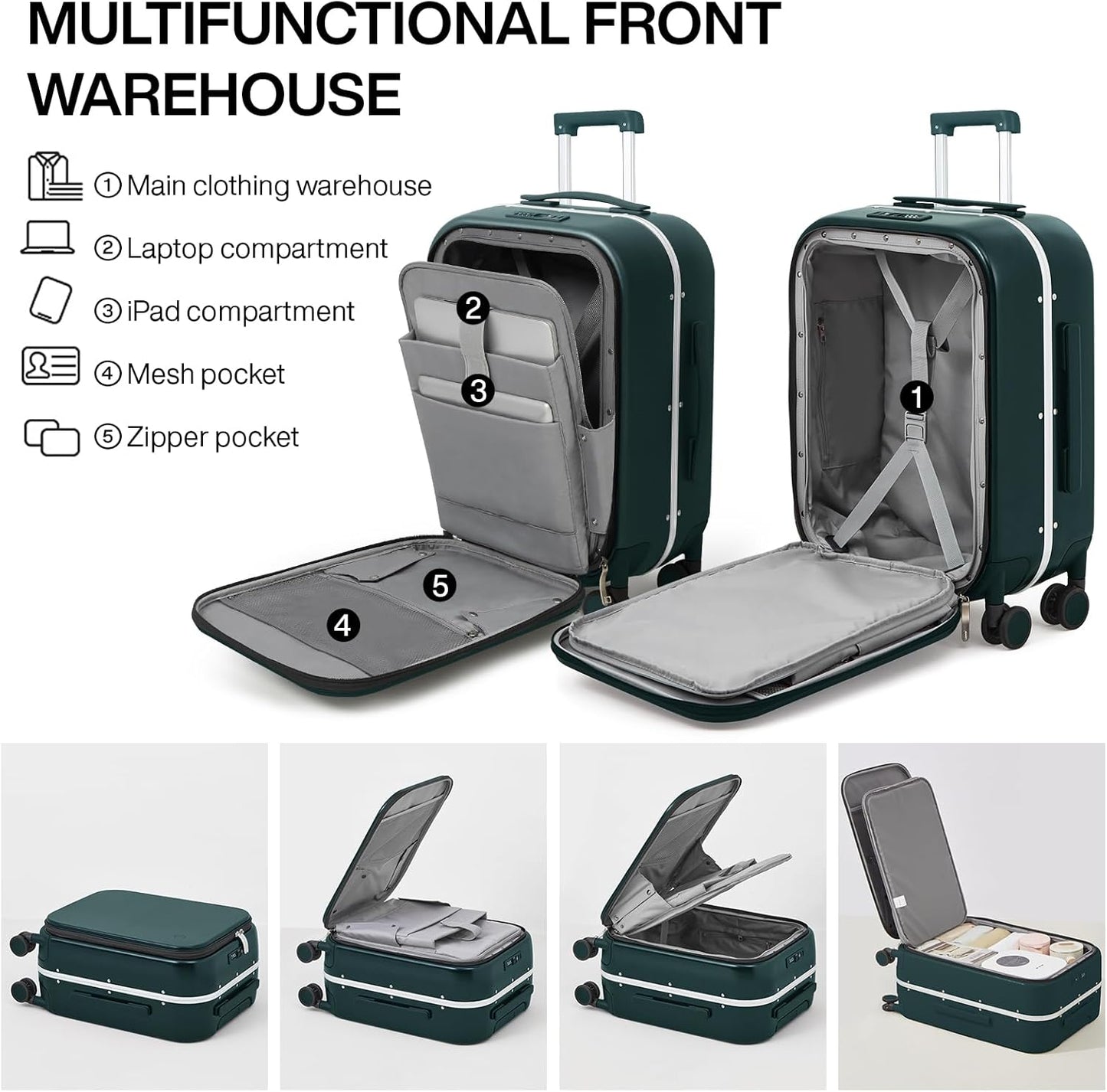 mixi Carry On Luggage, 20'' Suitcase with Front Laptop Pocket, Travel Rolling Luggage Aluminum Frame PC Hardside with Spinner Wheels & TSA Lock and Cover - Blackish Green
