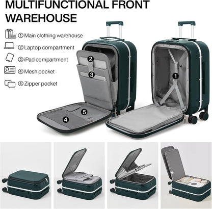 mixi Carry On Luggage, 20'' Suitcase with Front Laptop Pocket, Travel Rolling Luggage Aluminum Frame PC Hardside with Spinner Wheels & TSA Lock and Cover - Blackish Green
