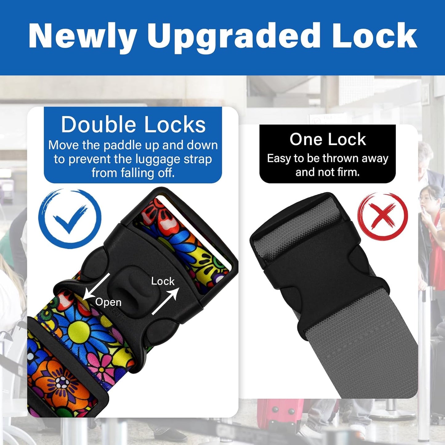 2 Pack Luggage Straps for Suitcases, Adjustable Travel Belt with Double Lock and Quick Release Buckle, Heavy Duty Nylon Bag Packing Strap, Bright Identifiers Business Travel Accessories-Sun Flowers