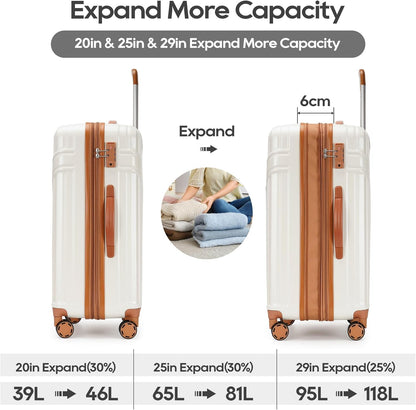 GinzaTravel Luggage Sets 3-Piece Expandable Suitcases with Wheels PC+ABS Durable Hardside Luggage sets TSA lock（White + Brown）