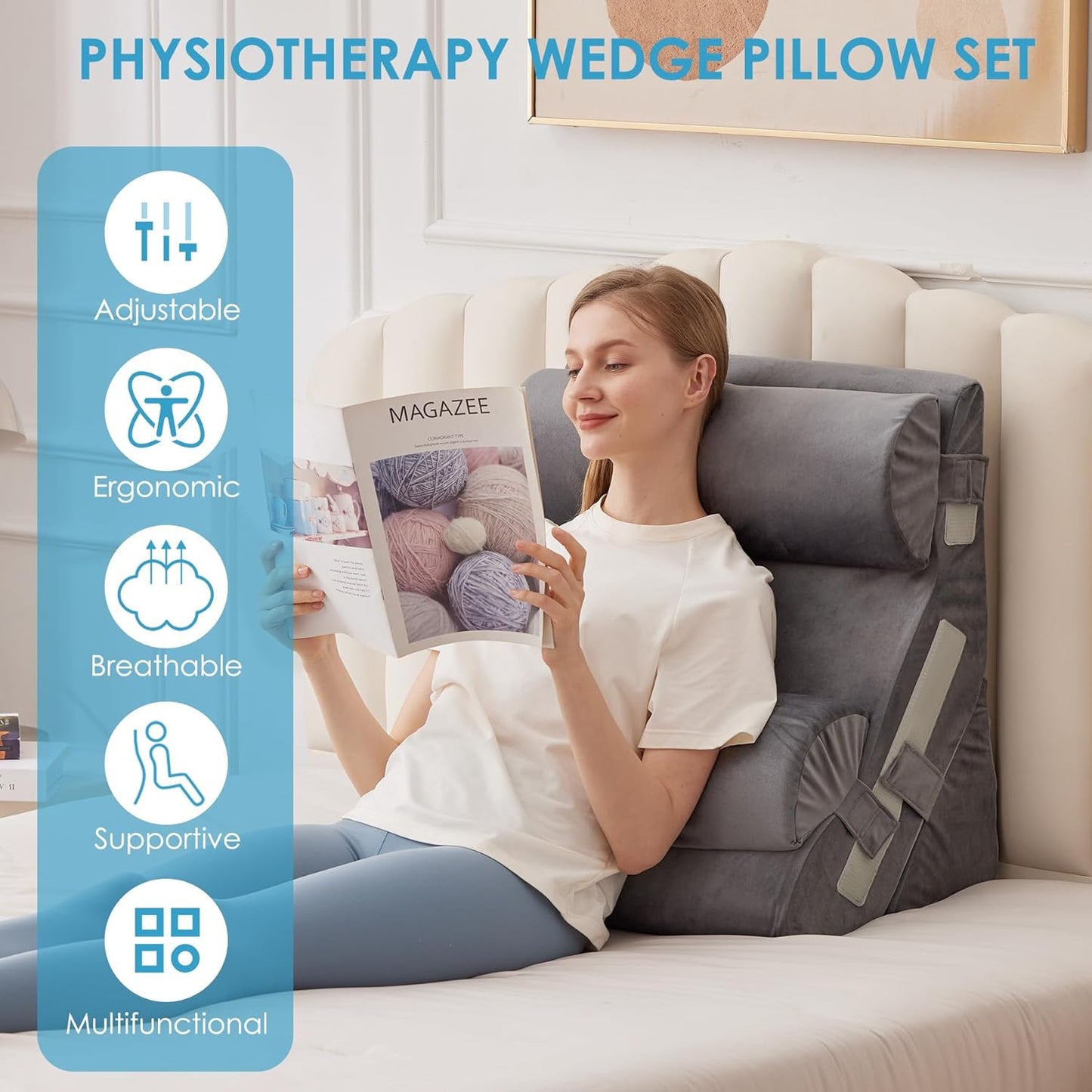 4PCS Bed Wedge Pillow for Headboard, Adjustable Wedge Pillow for Sleep Apnea, 23” Wide Triangle Pillow Wedge Set for After Surgery, Acid Reflux Relief, Snoring, Neck&Back Support, Grey