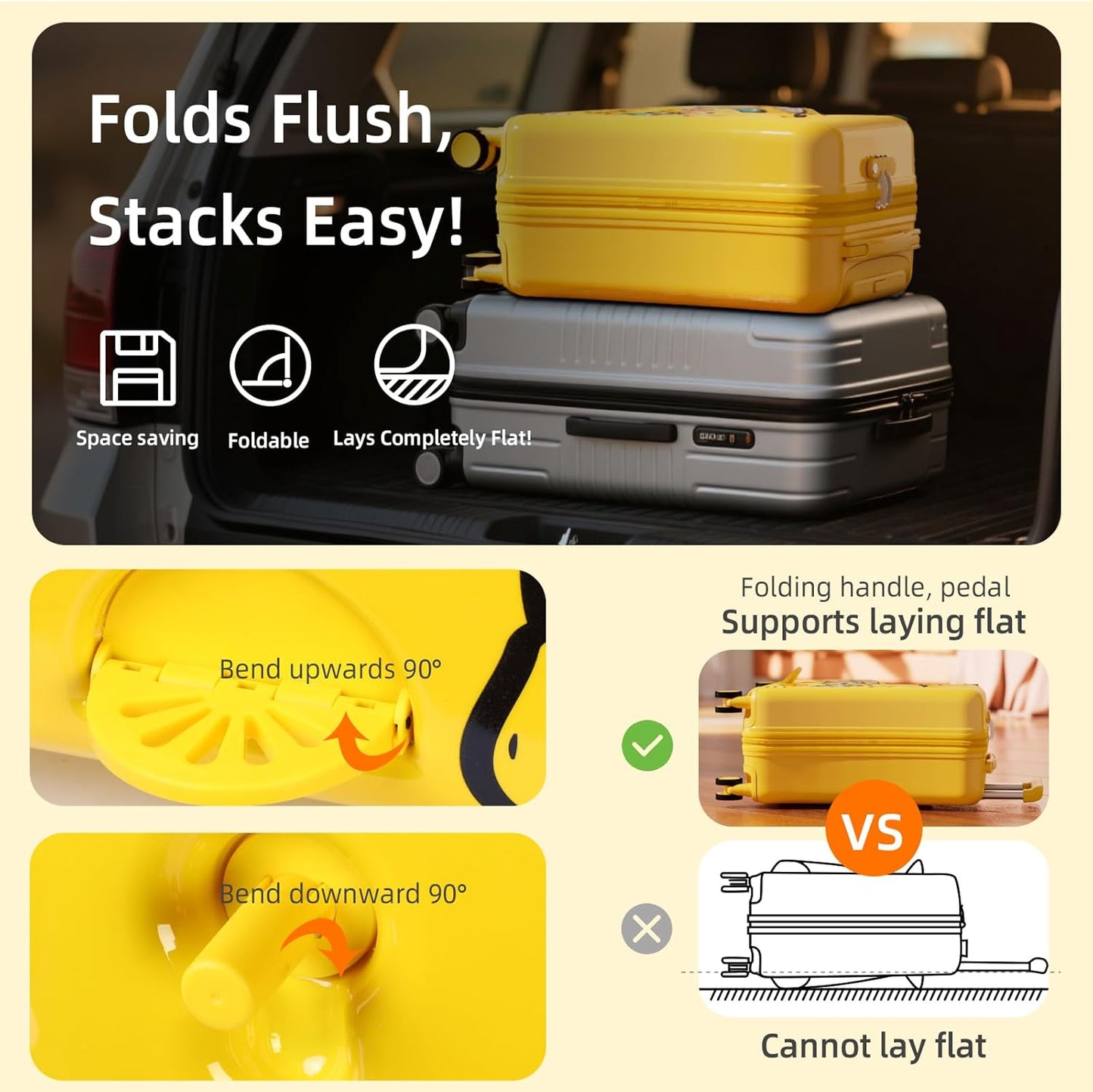 Kids' Lightweight Ride on Luggage with Spinner Wheels & Foldabe Design (Yellow Study, 20"+ Aged 1-3 Toddler),Children Holiday Birthday Gift