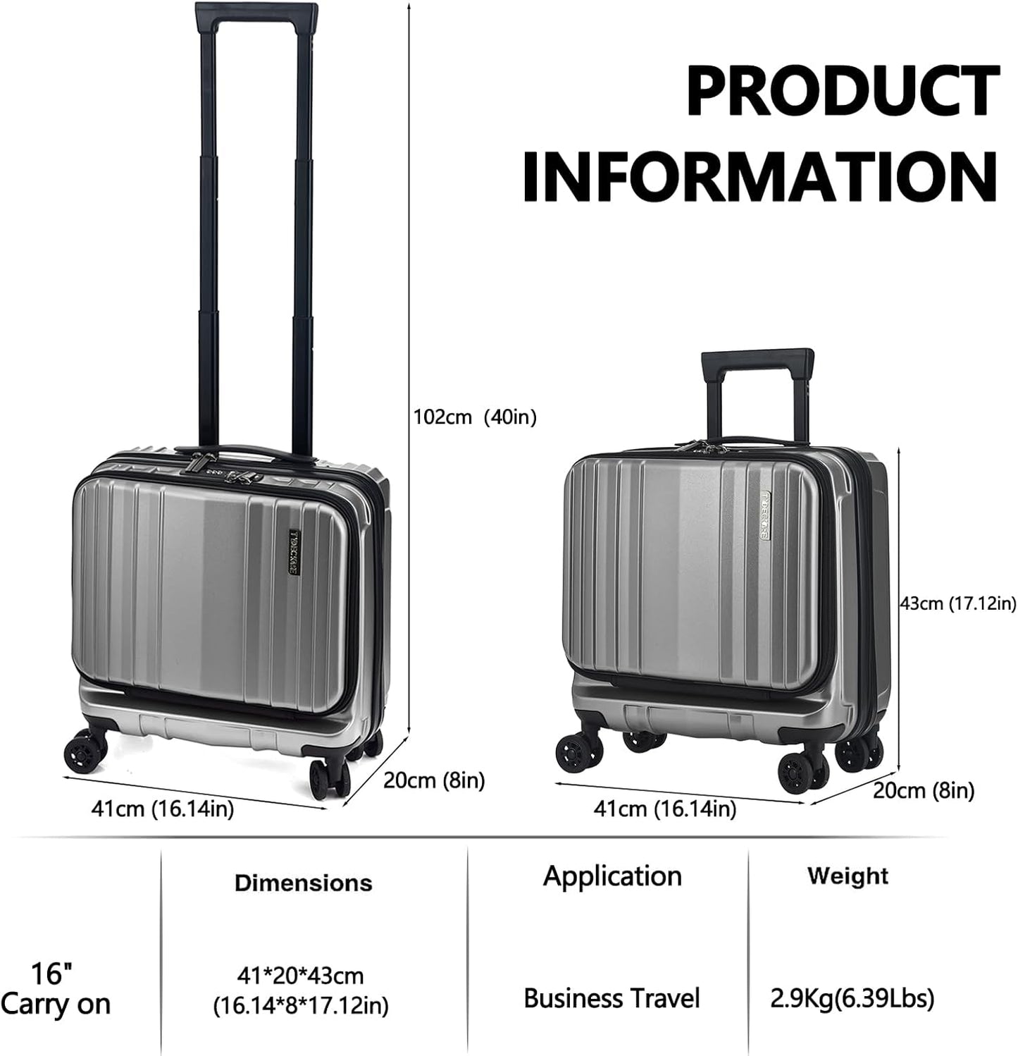 TydeCkare 16" Carry on Luggage with 2 Laptop Compartments, Lightweight Hardshell ABS+PC Suitcase with Dual Control TSA Lock, with YKK Zipper, 4 Spinner Silent Wheels, for Business Travel, Silver Grey