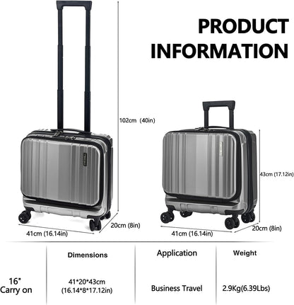 TydeCkare 16" Carry on Luggage with 2 Laptop Compartments, Lightweight Hardshell ABS+PC Suitcase with Dual Control TSA Lock, with YKK Zipper, 4 Spinner Silent Wheels, for Business Travel, Silver Grey