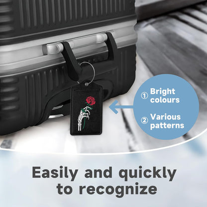 2 Pack Luggage Tag for Suitcase,Skeleton Hand Holding Rose Leather Bag Tags Identifiers Privacy Cover ID Label with Durable Steel Loop for Women Men Kids Girls Travel
