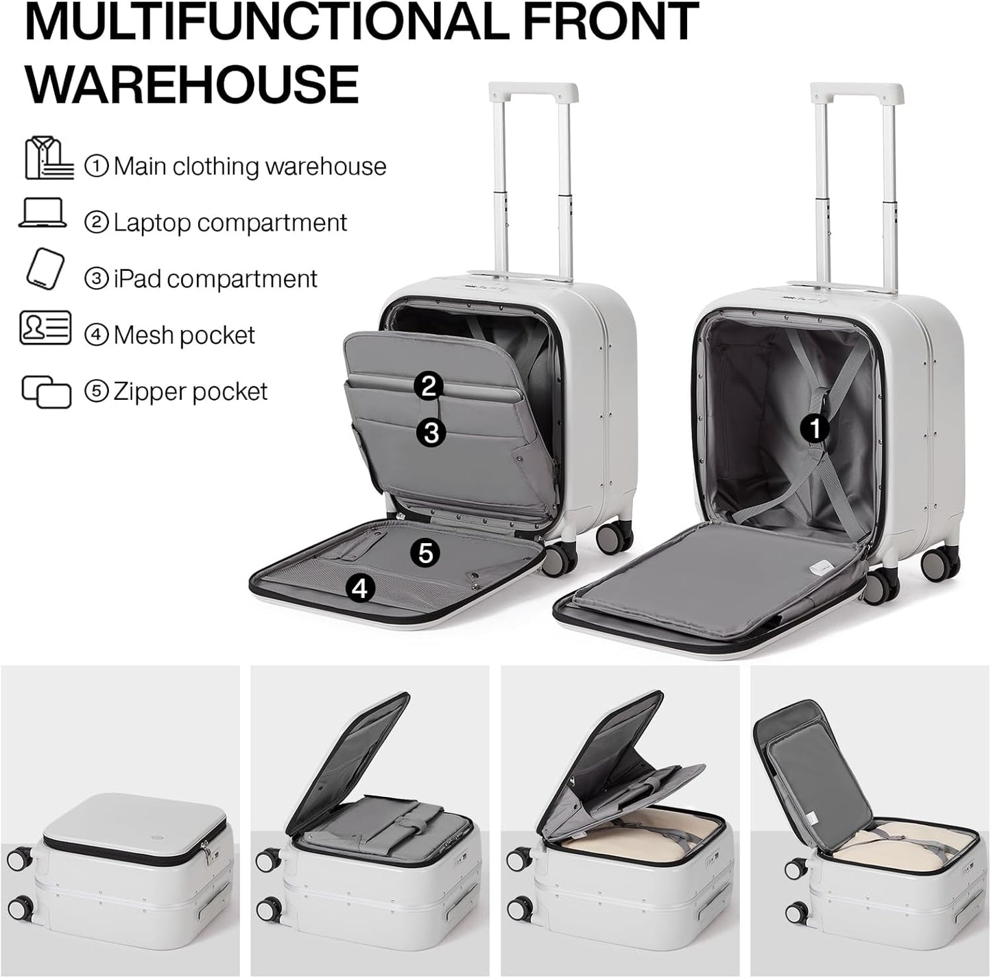 mixi Carry On Luggage, 18” Suitcase with Front Laptop Pocket, Travel Luggage Aluminum Frame PC Hardside with Spinner Wheels & TSA Lock and Cover (Not for Underseat), Smoke White