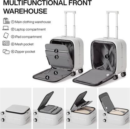 mixi Carry On Luggage, 18” Suitcase with Front Laptop Pocket, Travel Luggage Aluminum Frame PC Hardside with Spinner Wheels & TSA Lock and Cover (Not for Underseat), Smoke White
