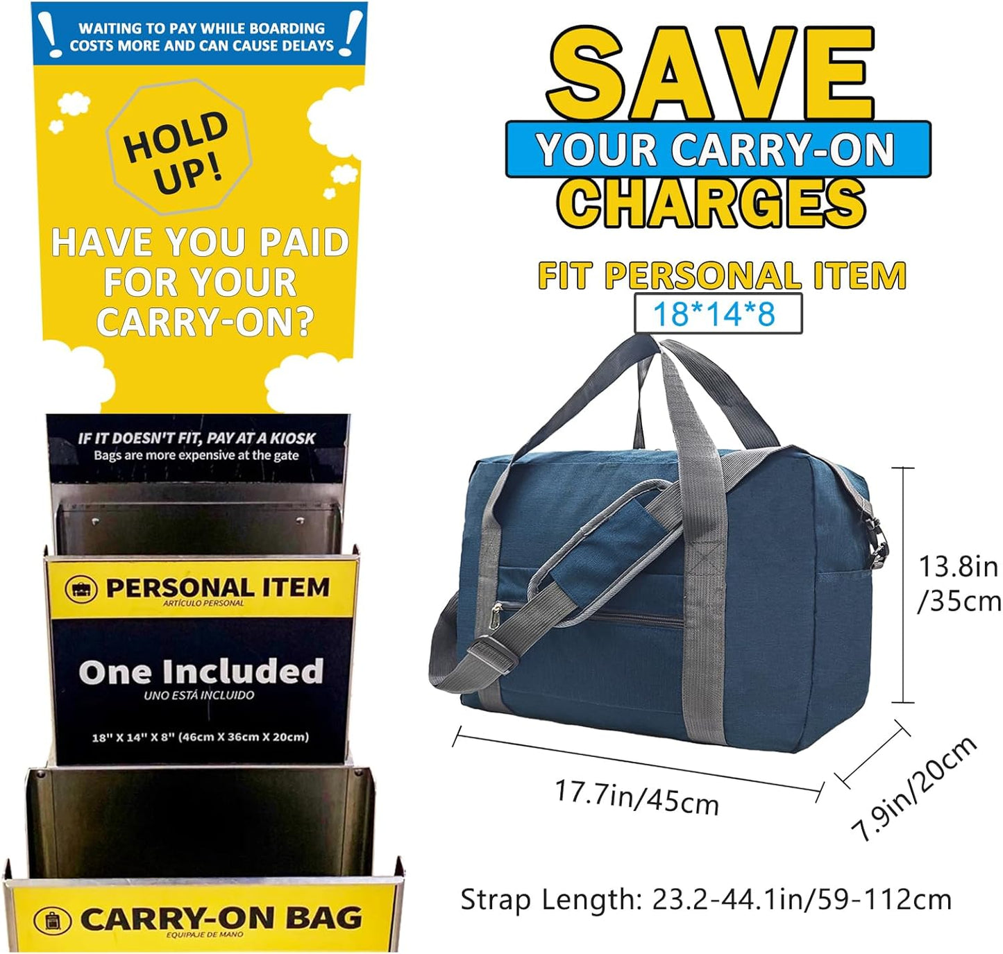 For Spirit Airlines Personal Item Bag 18x14x8 in Underseat Carry-on Luggage foldable Travel Duffle Bag for Airplanes(30L, Navy)