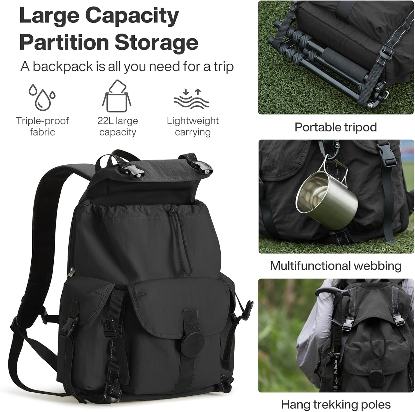 mixi Travel Backpack for Women Men, 18 Inch Carry On Laptop Backpack Flight Approved fits 16'' Laptop, Lightweight Waterproof Hiking Backpack Travel Outdoor Business Casual Daypack, Black