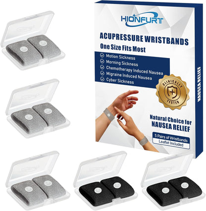 Motion Sickness Bands Anti Nausea Wristband for Adult and Kids Morning Sickness Relief for Pregnant Women Acupressure Nausea Relief for Car, Sea, Air Sickness - 3 Pairs Grey + 2 Pairs Black